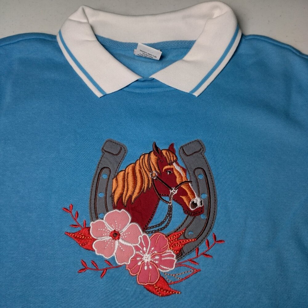 Adrian Delafield Horse Sweatshirt Women M Collared Horseshoe Equestrian Blue - Picture 10 of 11